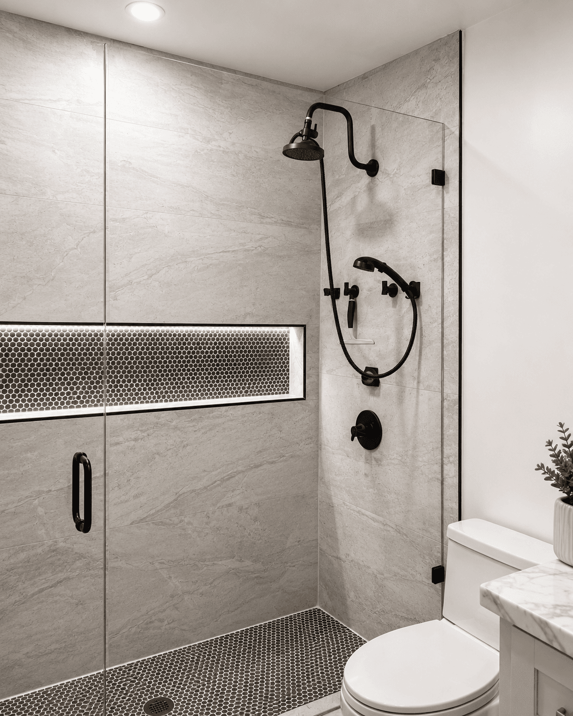 Minimalist modern bathroom with frameless shower